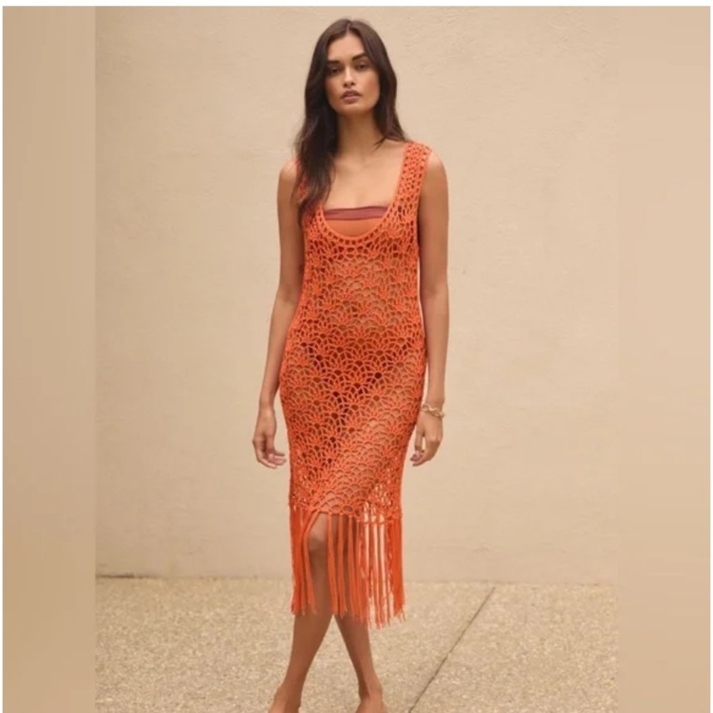 NWT Anthropologie Blue Tassel Crochet Fringe Tunic Orange Swim Cover Up Dress S